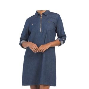 Anne Klein Medium Wash Denim Long Sleeve Shift Tunic Dress Gold Zipper Roll Tab